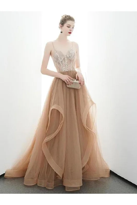A-Line Spaghetti Straps Tulle Long Appliques Prom Dresses Formal P3ZAJKTR