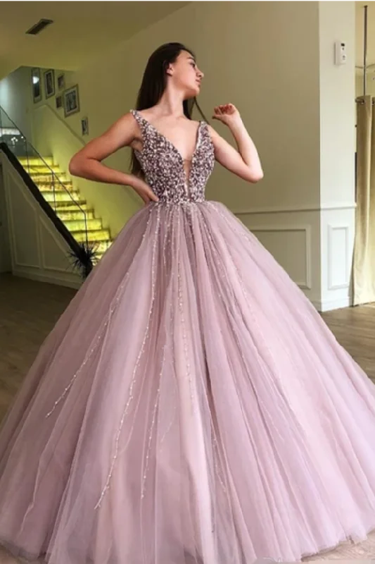 Beaded Tulle Deep Illusion V Neck Ball Gown Prom Dress PD2GRFSC