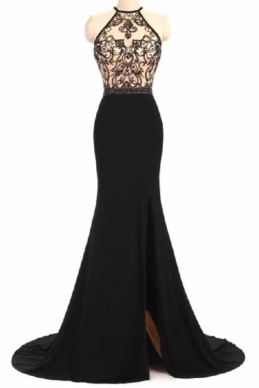 Spaghetti Straps Lace Black Mermaid Long Slit Prom Dresses Formal Evening Dress Party Gowns