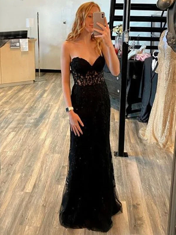 Sweetheart Black Tulle Appliques Mermaid Long Evening Prom Dresses, Custom Strapless Prom Dress, MR8709 Sweetheart Black Tulle Appliques Mermaid Long Evening Prom Dresses, Custom Strapless Prom Dress, MR8709