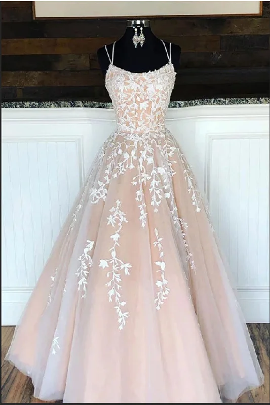 Puffy A Line Spaghetti Straps Lace Long Prom Dresses Formal Evening Dress