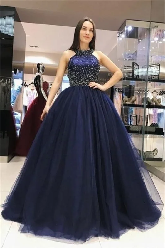 Ball Gown Long Navy Blue Beading Tulle Princess Prom Dresses PBR1FY8Q