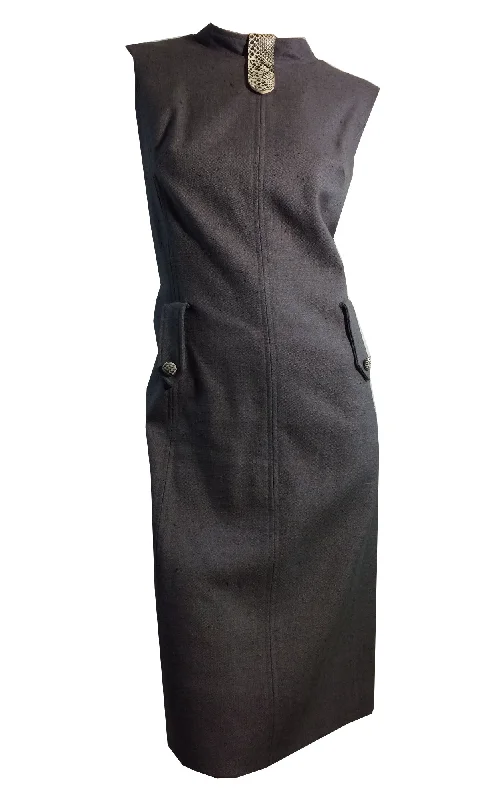Charcoal Grey Linen Weave Rayon Sheath Dress w/ Faux Snakeskin Accents circa 1960s