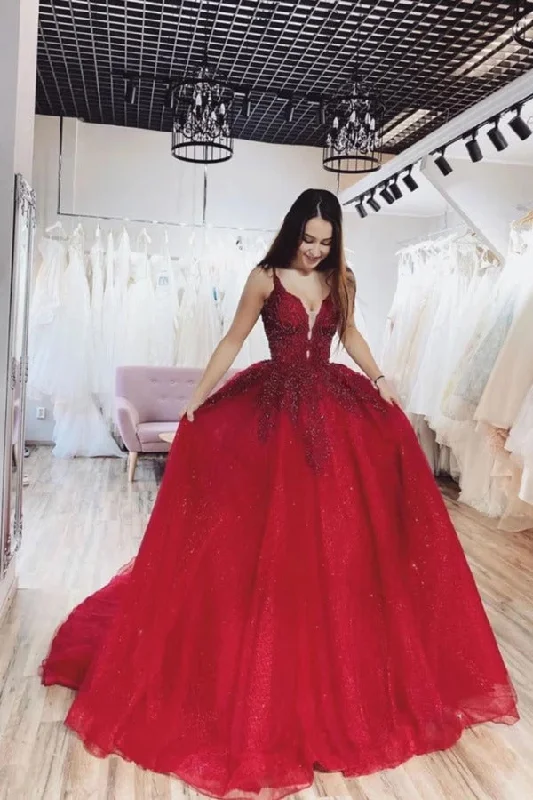 Ball Gown V Neck Spaghetti Straps Tulle Prom Dresses PGXA8M83