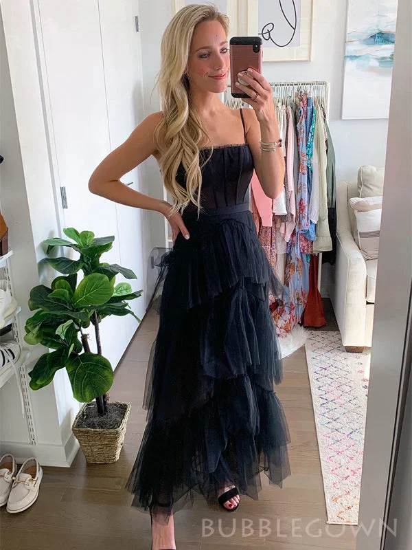 Elegant Black Tulle Spaghetti Straps A-line Long Evening Prom Dresses, Custom Prom Dress, BGS0175 Elegant Black Tulle Spaghetti Straps A-line Long Evening Prom Dresses, Custom Prom Dress, BGS0175