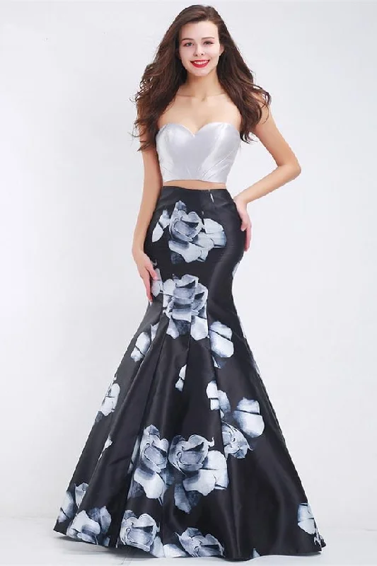 Two Piece Strapless Printed Fabric Mermaid Long Prom Dresses Formal Evening Dress Party Gown
