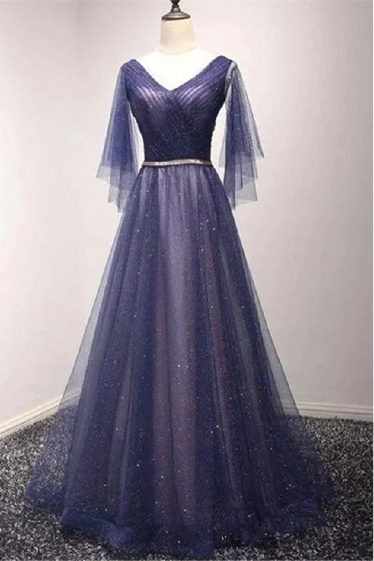 Fashion Real Photo A Line V Neck Long Sleeves Prom Dresses Formal Evening Dress Party Gowns