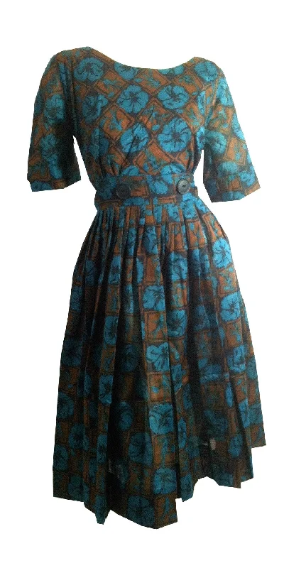 Turquoise and Cocoa Floral Print Dress w/ Button detail circa 1960s