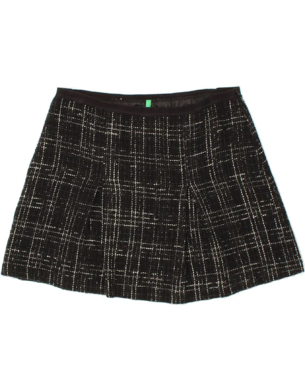 BENETTON Womens Mini Skirt UK 14 Large W32 Black Check Polyester silk skirt elegant