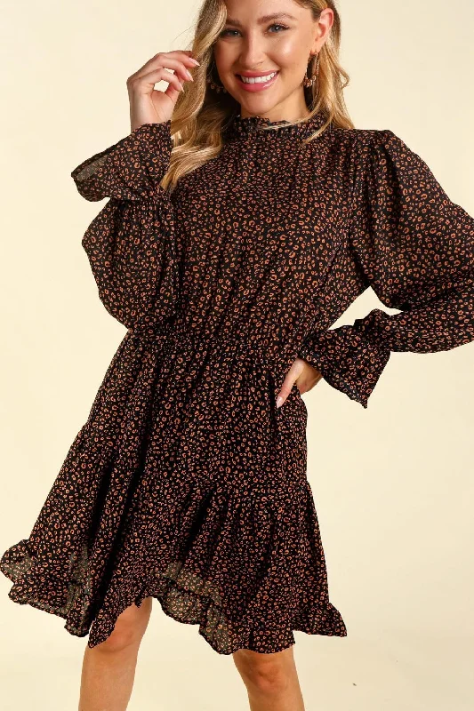 Black Terracotta Animal Frilled Mock Neck Elastic Waist Skirt wool skirt thick