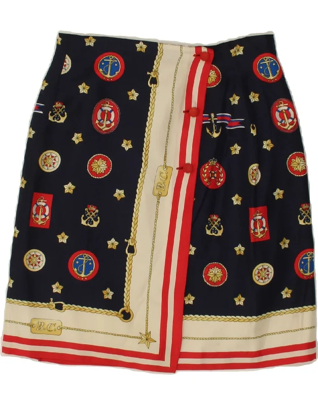 BLUES CLUB Womens Graphic Wrap Skirt UK 12 Medium W26  Navy Blue Nautical linen skirt natural