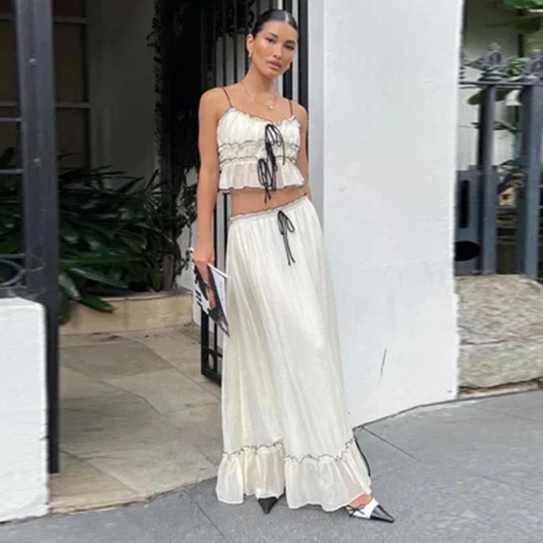 Bohemian Ruffle Crop Top & Long Skirt Set wool skirt warm