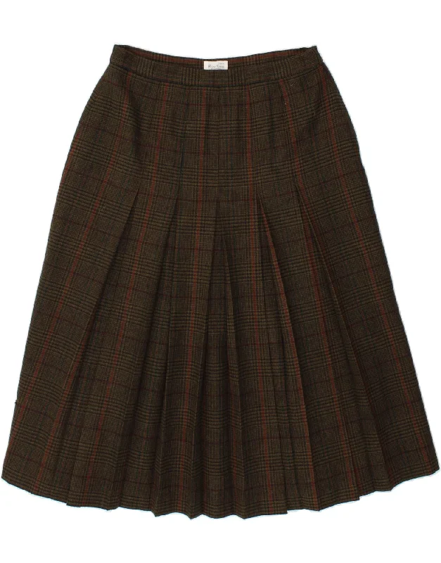 BRIAN TUCKER Womens Pleated Skirt UK 16 Large W30 Khaki Houndstooth Wool chiffon skirt delicate