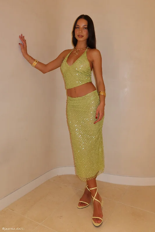 Brynne Sequin Midi Skirt - Parakeet Green leather skirt bold
