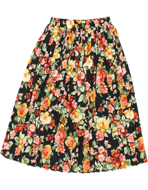 CANDA Womens Pleated A-Line Skirt EU 38 Medium W34 Black Floral Polyester leather skirt refined