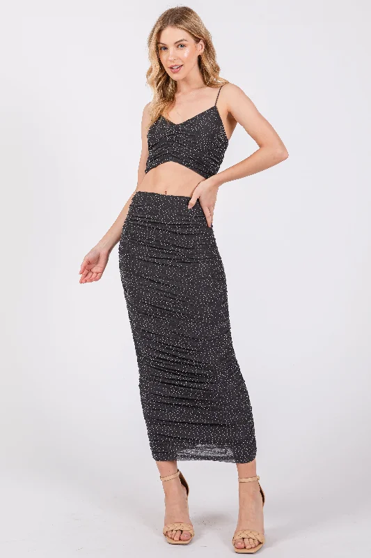 Charcoal Rhinestone Crop Top and Skirt Set casual skirt length