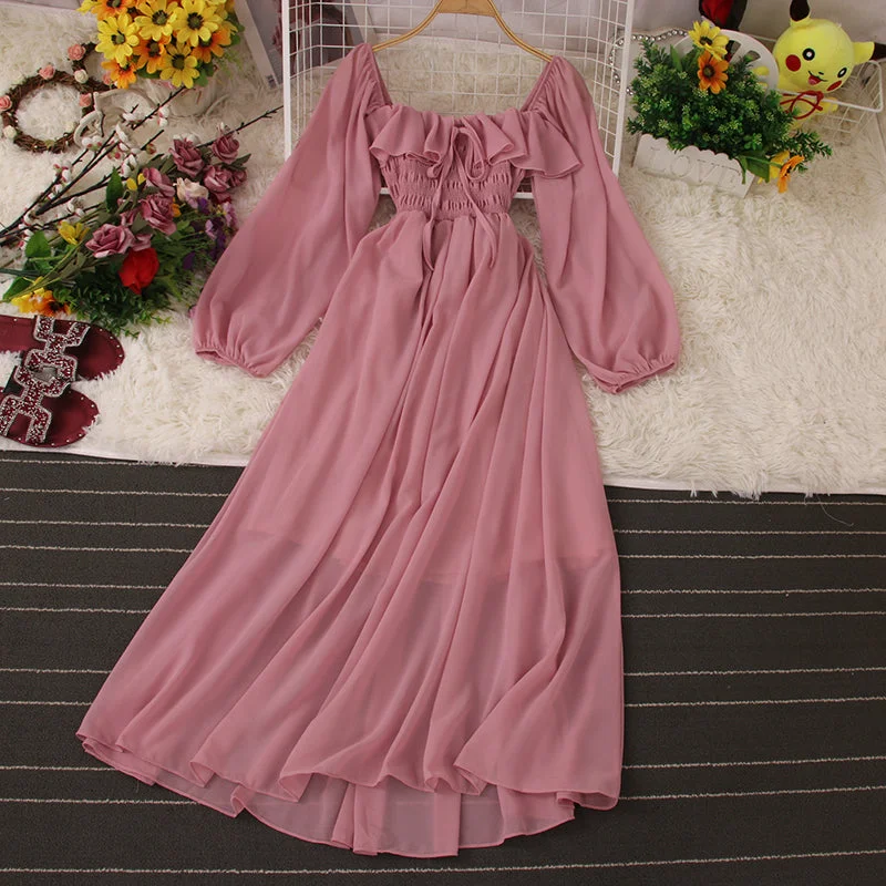 Chic Square Neck Puff Sleeve Chiffon Skirt      S5037 denim skirt classic