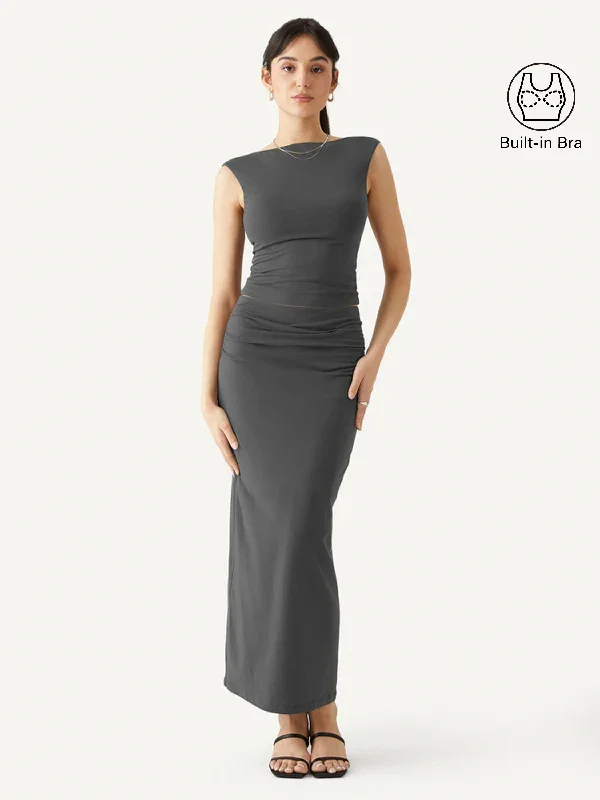 2Pcs Set Open Back Brami Tank & Pencil Maxi Skirt silk skirt lustrous