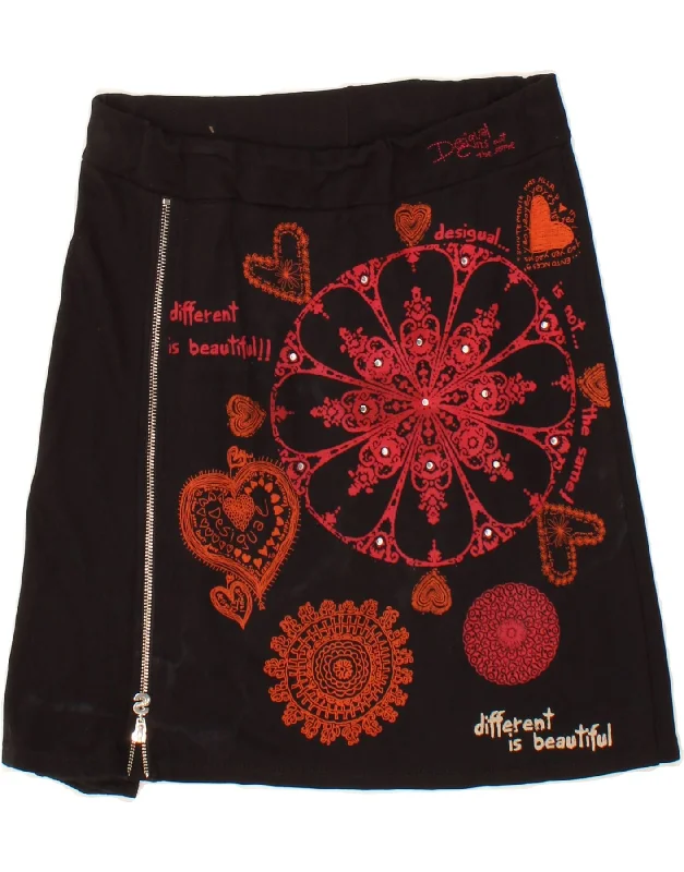 DESIGUAL Womens A-Line Skirt Medium W30  Black Floral Viscose pleated skirt texture