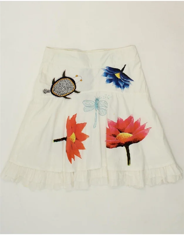 DESIGUAL Womens Graphic A-Line Skirt EU 40 Medium W32  White Floral Cotton velvet skirt plush
