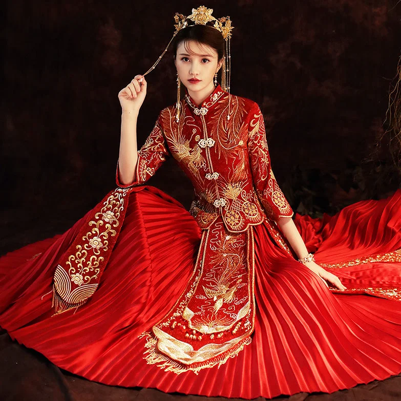Dragon & Phoenix Embroidery Pleated Skirt Traditional Chinese Wedding Suit corduroy skirt cozy Dragon & Phoenix Embroidery Pleated Skirt Traditional Chinese Wedding Suit corduroy skirt cozy