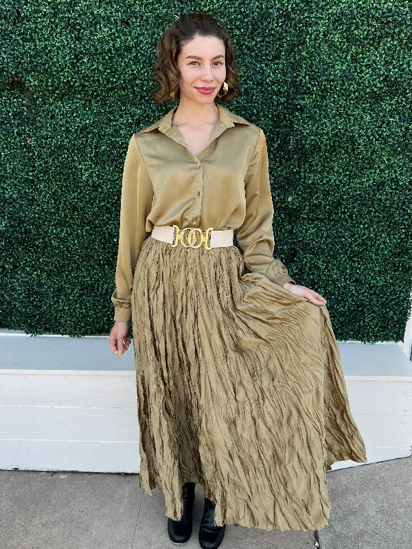 Gold Crinkle Maxi Skirt asymmetrical skirt cut