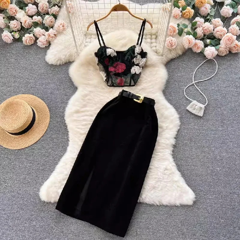 elegant women's mesh lace strap tube top + corduroy skirt two-piece set S4545 cashmere skirt soft elegant women's mesh lace strap tube top + corduroy skirt two-piece set S4545 cashmere skirt soft