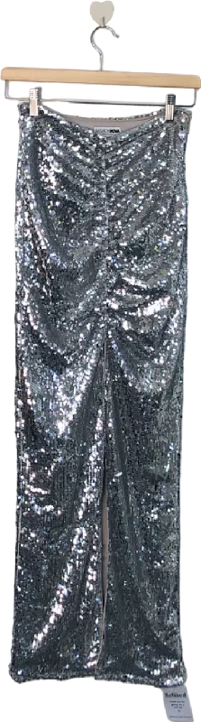 Fashion Nova Silver Sequin Ruched Midi Skirt XS corduroy skirt cozy