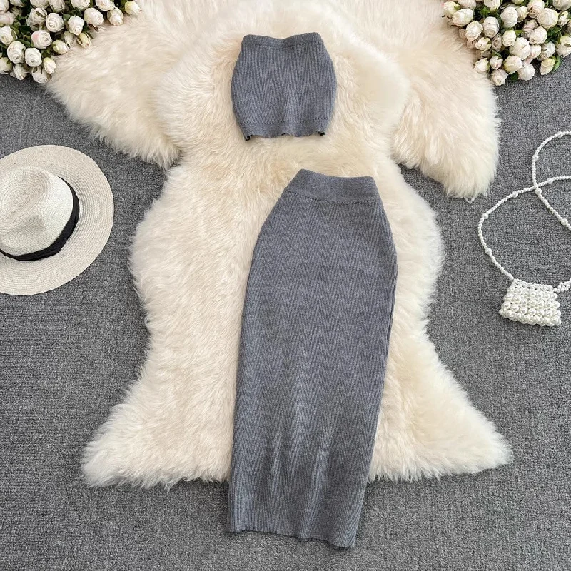 Fashionable casual suit for hot girls sexy short tube top two-piece set knitted skirt S4182 midi skirt versatile Fashionable casual suit for hot girls sexy short tube top two-piece set knitted skirt S4182 midi skirt versatile