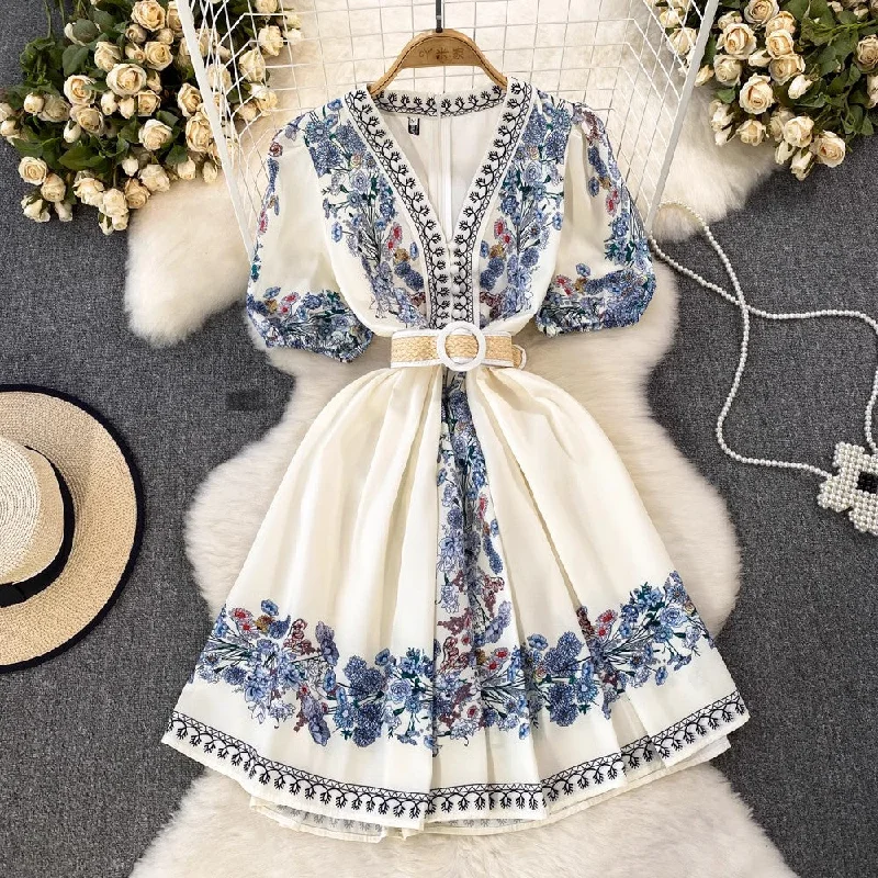 fashionable V-neck puff sleeve printed A-line skirt      S4176 denim skirt durable