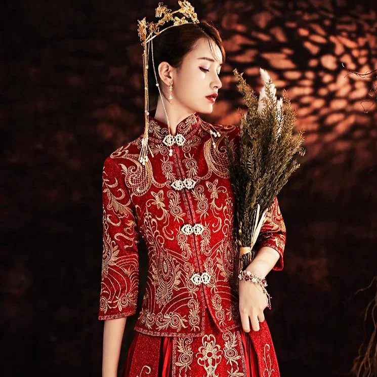 Floral Embroidery Pleated Skirt Traditional Chinese Wedding Suit linen skirt relaxed Floral Embroidery Pleated Skirt Traditional Chinese Wedding Suit linen skirt relaxed