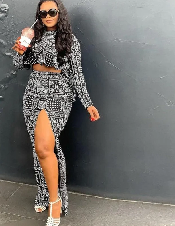 Geo Print Loose Crop & Slit Maxi Skirt leather skirt sleek