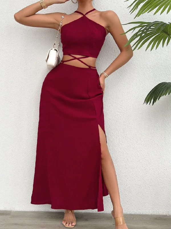 Grecian Neck Top and Slit Skirt Set corduroy skirt durable