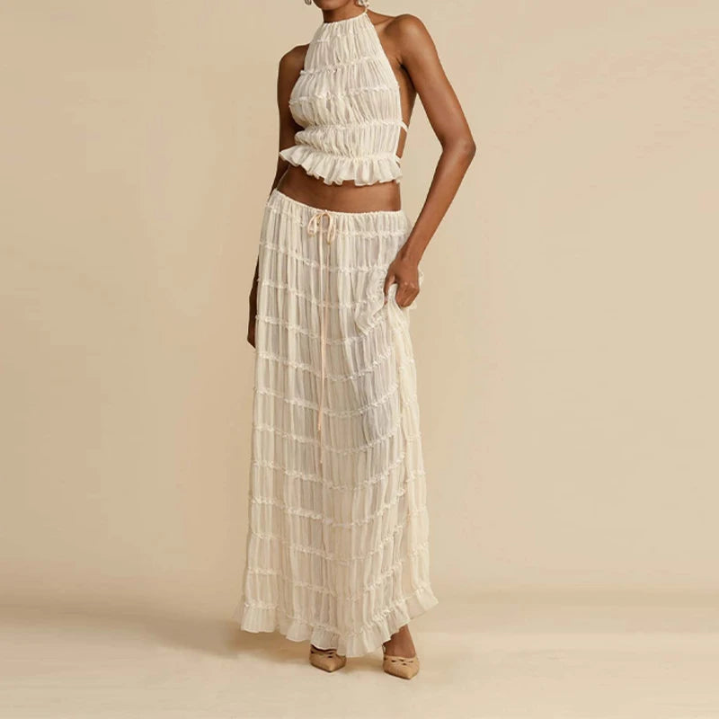 Halter Backless Crop & Maxi Skirts Set linen skirt breathable