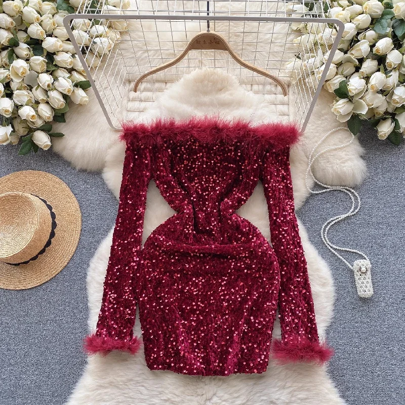 Hot Girl Style Women's Sequin Feather Tight Design Stunning Short Skirt     S4663 breathable skirt fabric