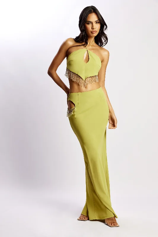 Jayleen Maxi Skirt With Fringe - Chartreuse linen skirt natural