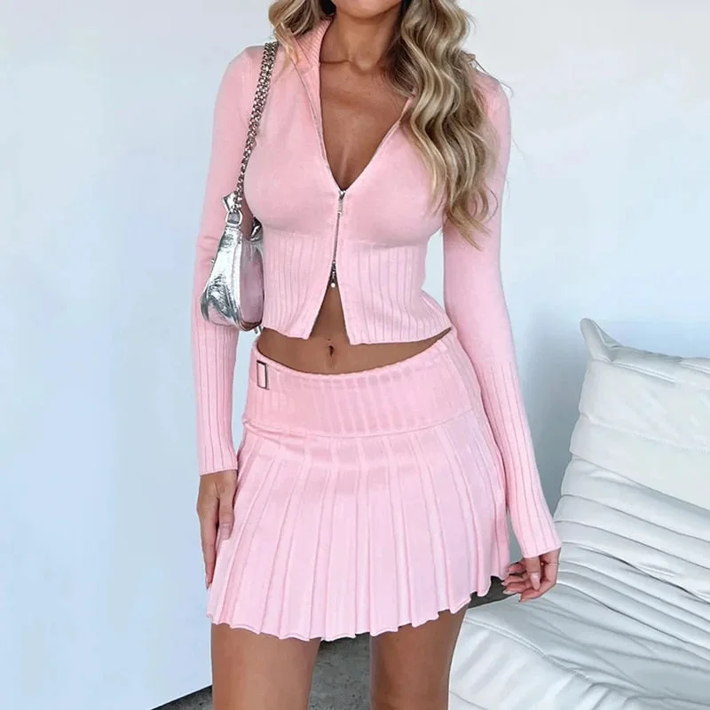 Knitted Crop Top & Mini Pleated Skirts Sets leather skirt refined