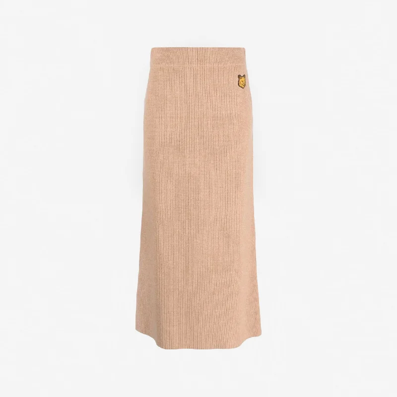 Tonal Fox Head Patch Long Ribbed Skirt Beige Melange lace skirt intricate