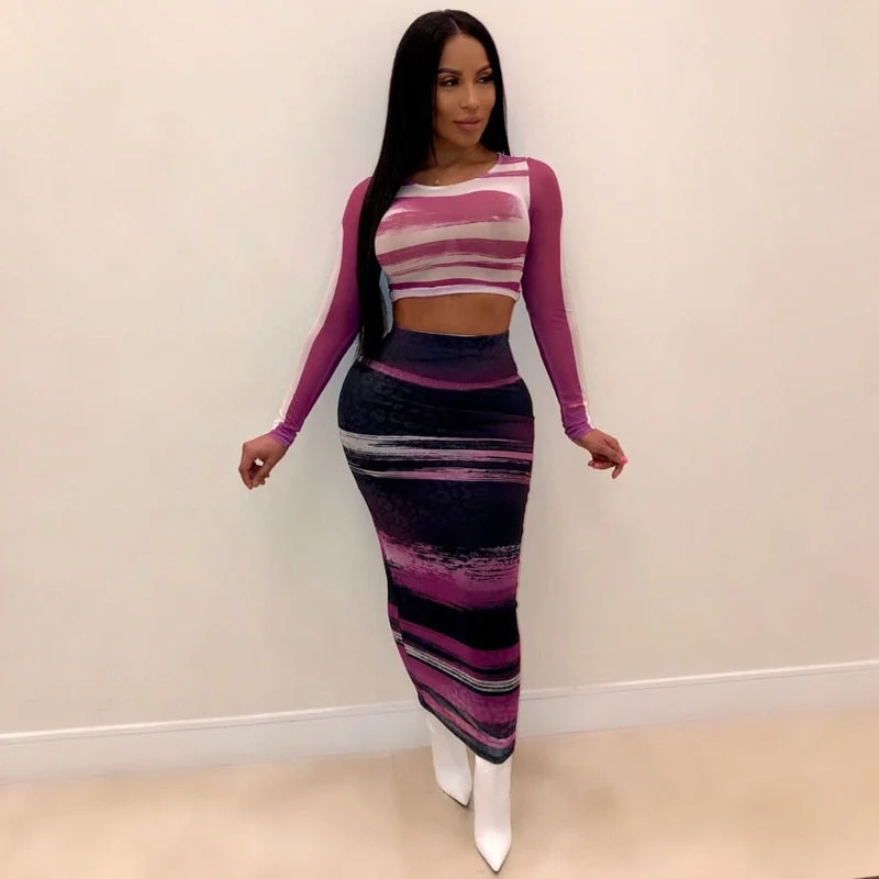 Mesh Bodycon Long Sleeve Crop Top and Long Skirt Set wrap skirt elegant