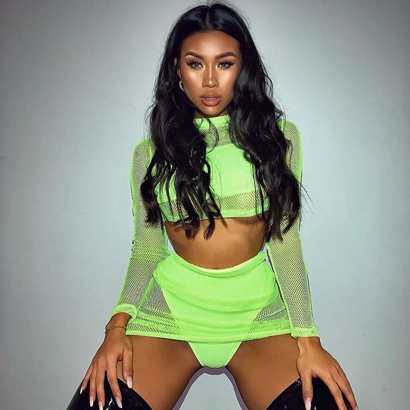 NEON MESH LONG SLEEVE CROP TOP AND MINI SKIRTS button skirt front