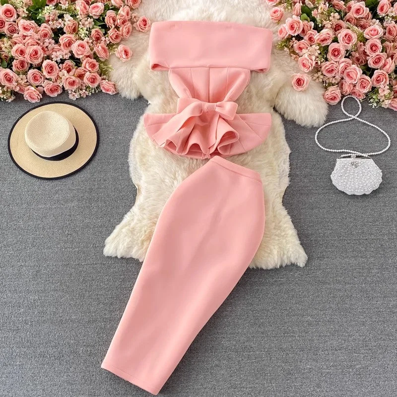 off-shoulder ruffled cropped top two-piece suit mid-length skirt S3919 high slit skirt off-shoulder ruffled cropped top two-piece suit mid-length skirt S3919 high slit skirt