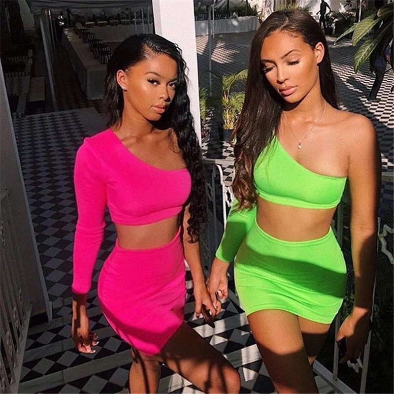 One Shoulder Crop Tops and Skirts Sets velvet skirt plush