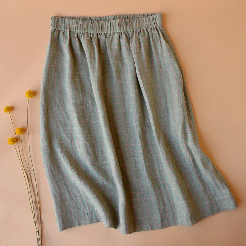 Pocket Skirt - 100% Linen - Sage Pink Check (Women S-L) cashmere skirt soft