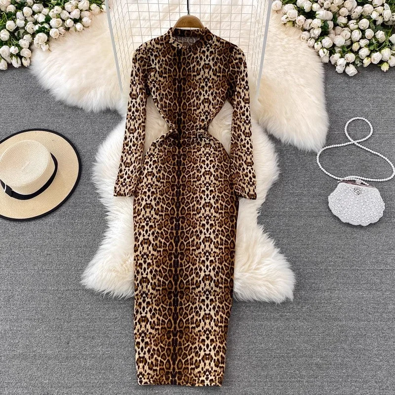 sexy leopard print for women long-sleeved long skirt     S3888 asymmetrical skirt cut