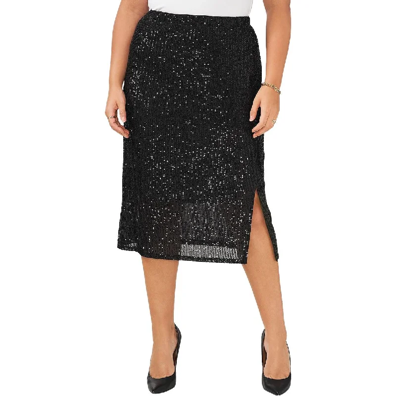 Vince Camuto Womens Plus Sequined Side Slit Midi Skirt button skirt front