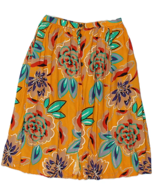 VINTAGE Womens A-Line Skirt W25 XS Yellow Floral silk skirt smooth
