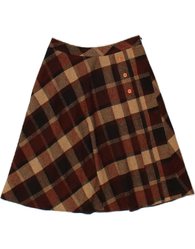 VINTAGE Womens A-Line Skirt  W28  Medium  Brown Check Wool leather skirt bold