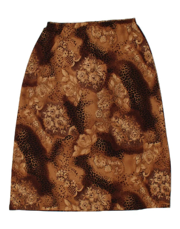 VINTAGE Womens A-Line Skirt XL W36  Brown Floral Polyester silk skirt lustrous