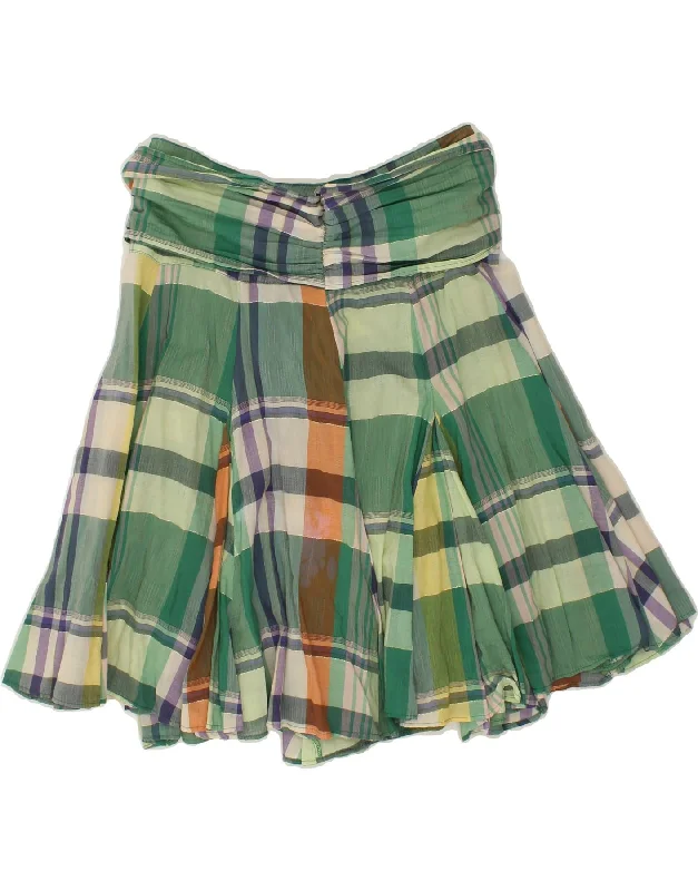VINTAGE Womens Flared Skirt UK 12 Medium W32 Green Check Cotton linen skirt airy