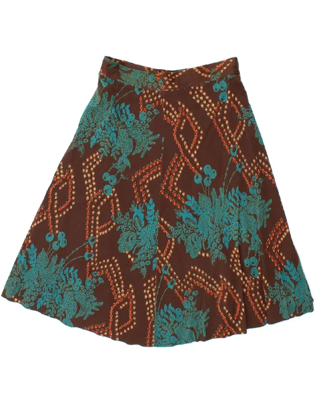 VINTAGE Womens High Waist A-Line Skirt IT 42 Medium W24  Brown Floral flowy skirt hem